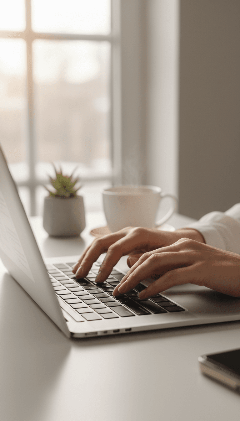 Hands typing on a laptop in a clean modern workspace with soft natural light