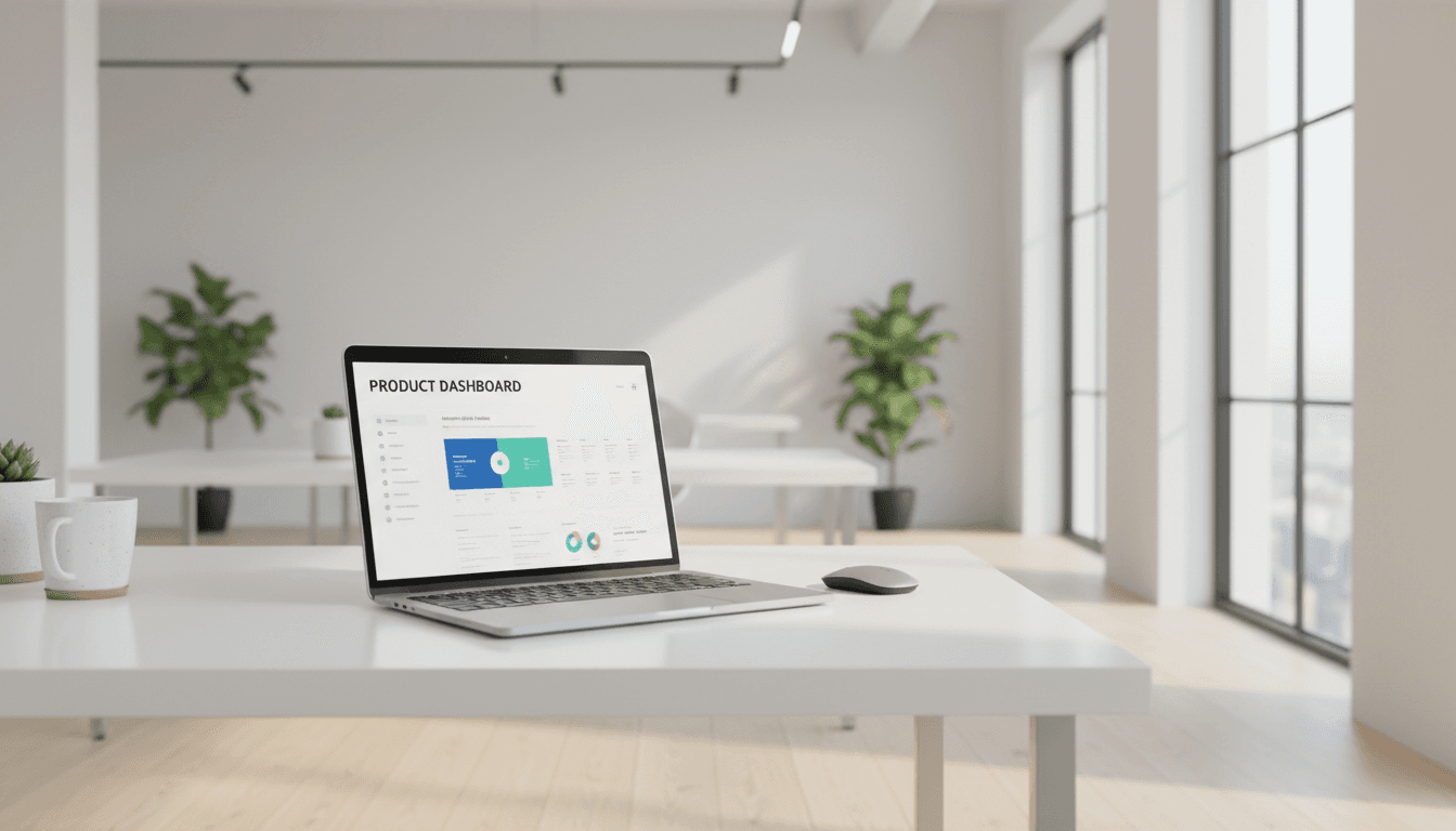 Laptop displaying a digital product interface on a clean desk in a bright office