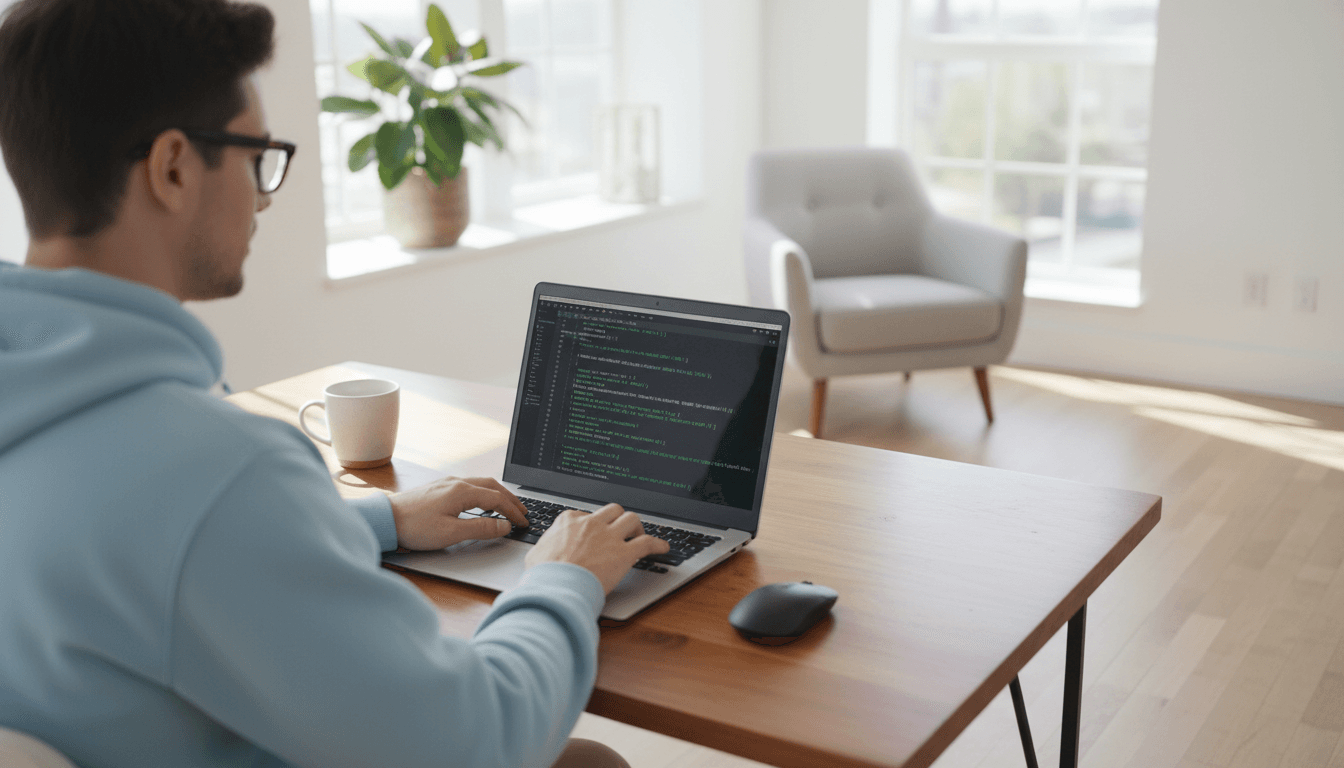 Close-up of hands typing on a laptop displaying code, bright and clean workspace