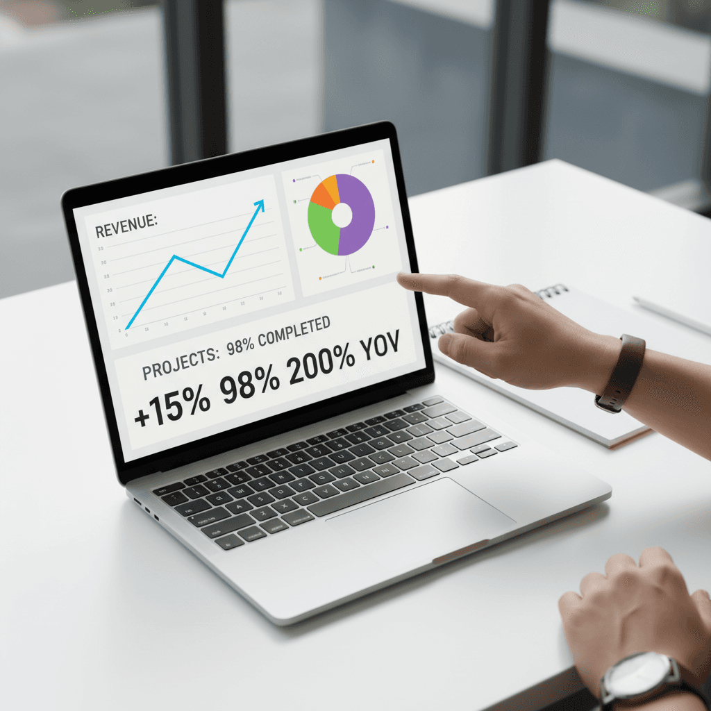 Laptop showing a clean analytics dashboard in a bright office