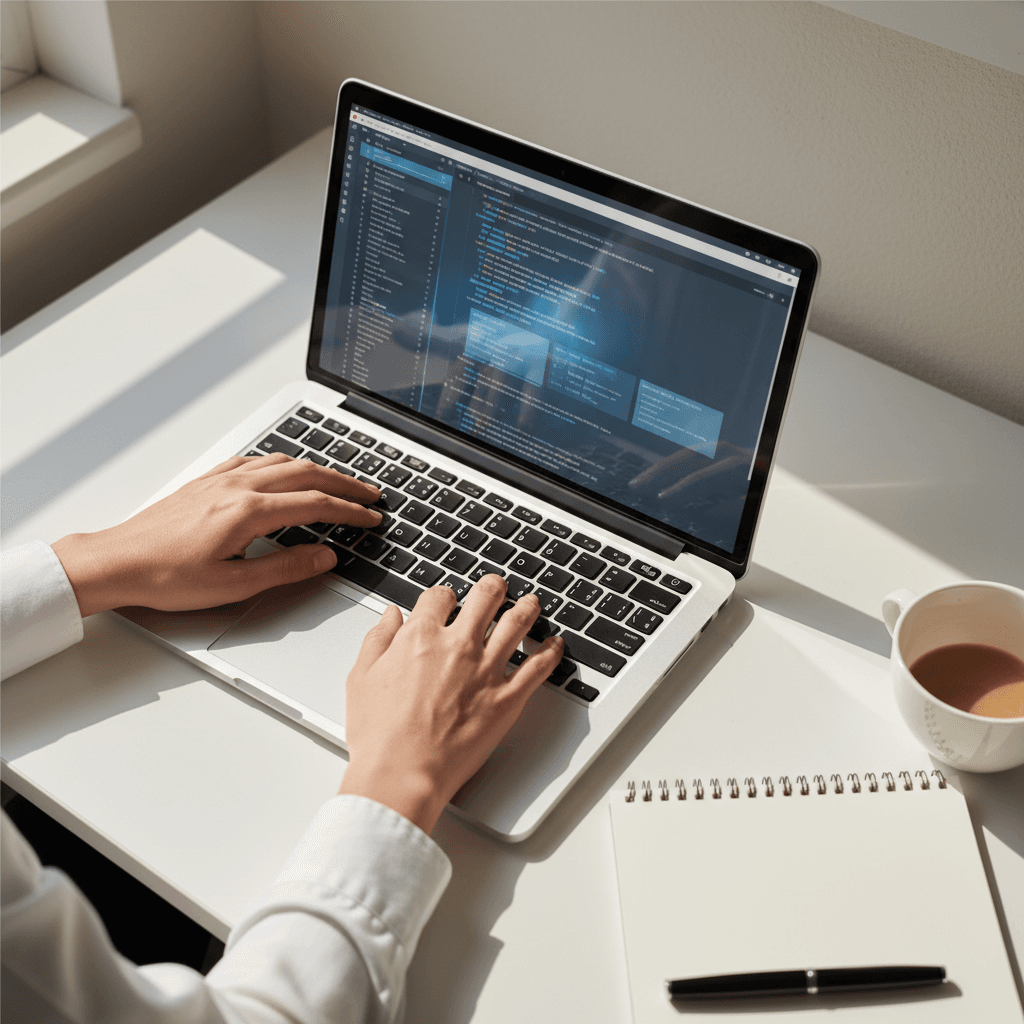 Professional working on a laptop displaying code in a modern office