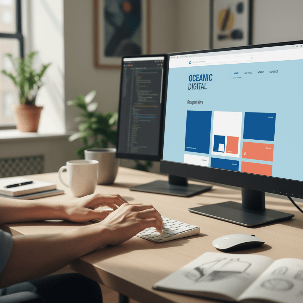 Web designer fine-tuning a responsive layout on screen