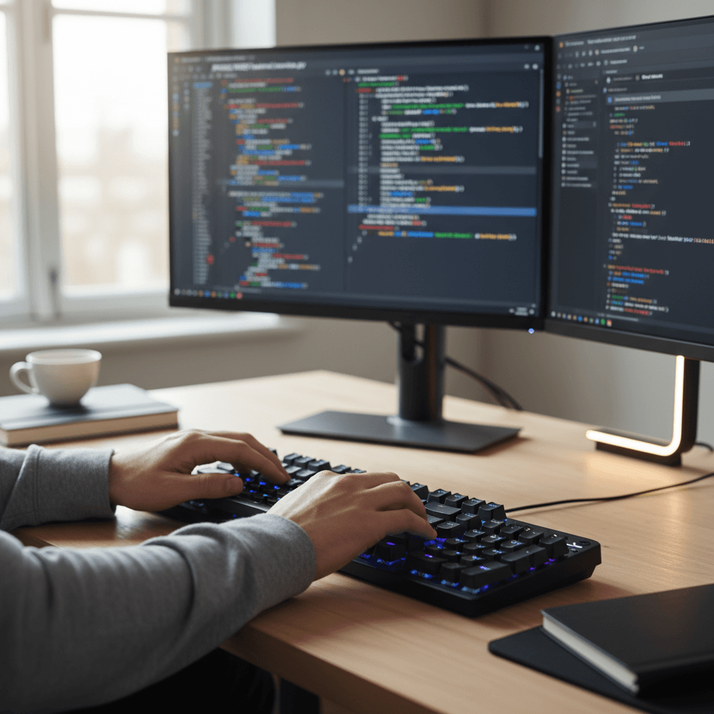 Developer reviewing code on a large monitor
