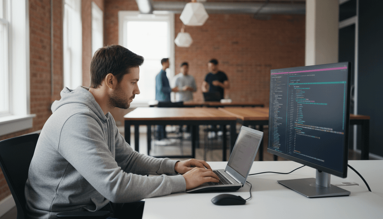 Person working on a laptop in a modern bright office