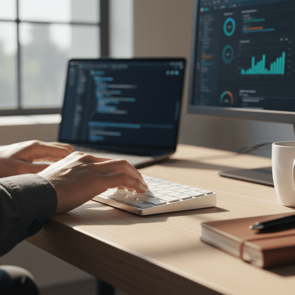 Modern digital workspace with laptop and code on screen