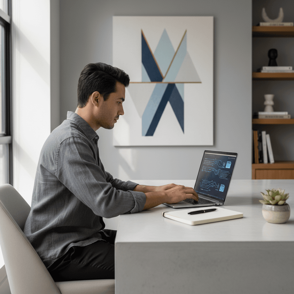 Professional working on laptop in clean modern office with natural light
